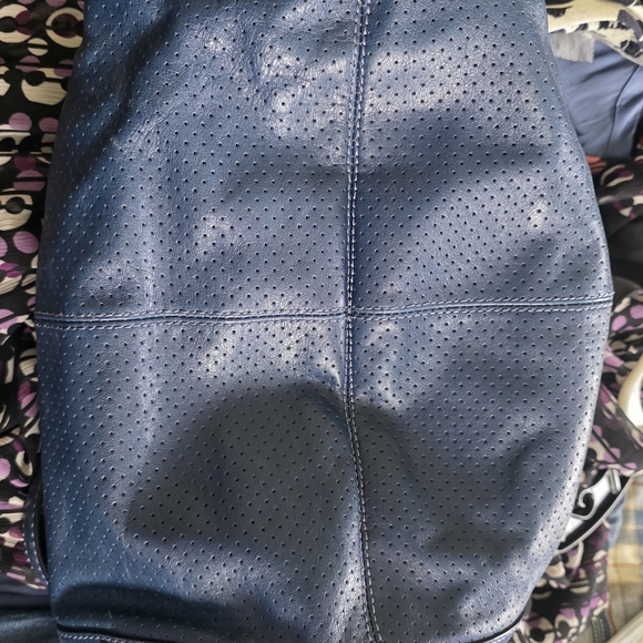 Coach Perforated Navy Leather Shoulder Bag with Silver Hardware - Picture 3 of 4